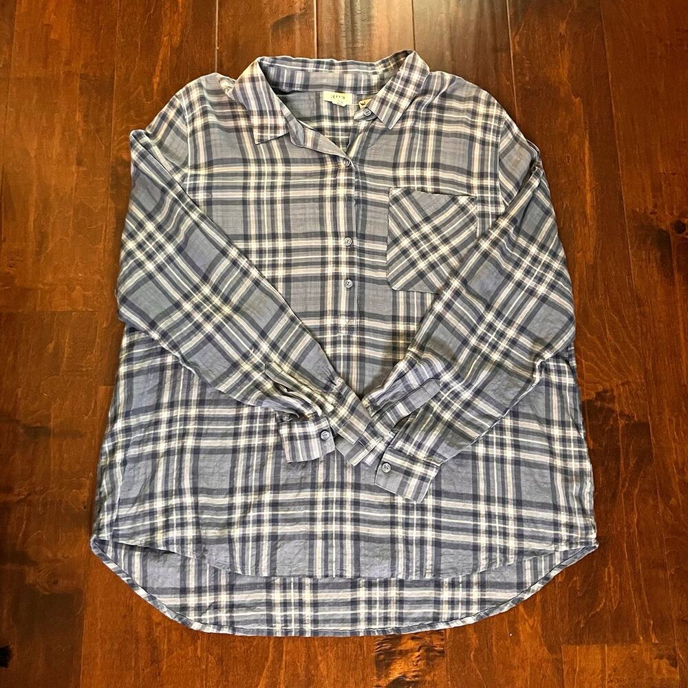 a.n.a Womens Plaid Button-Up Shirt 2XL Blue/White Long Sleeve Pockets